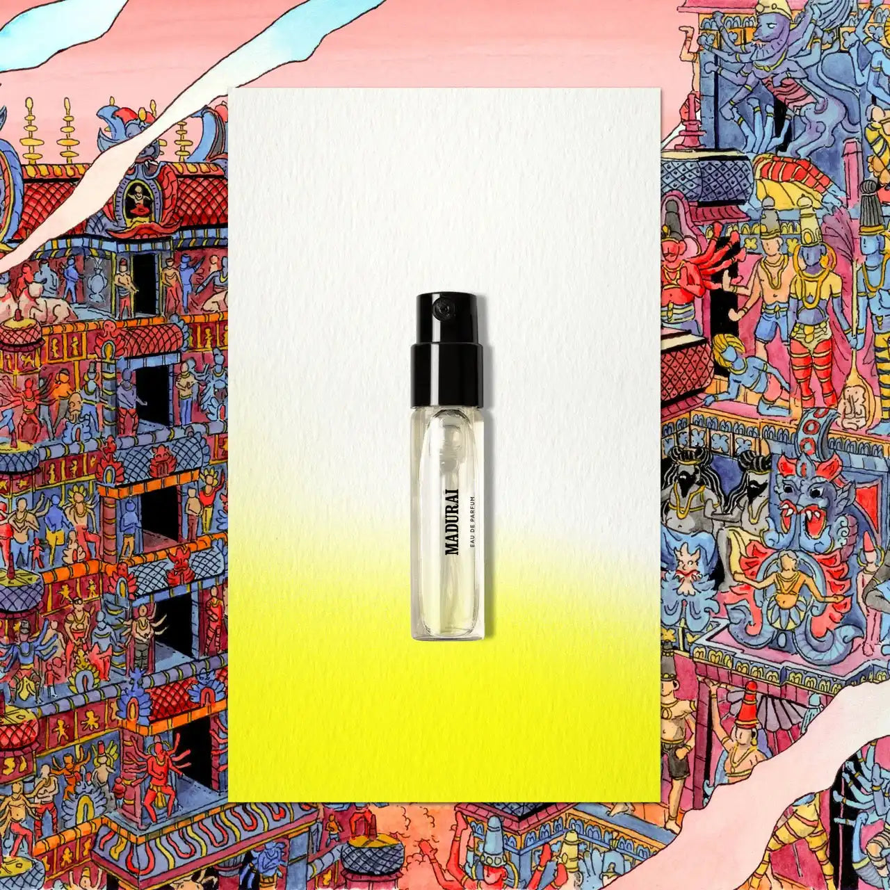Clear perfume sample with black cap.