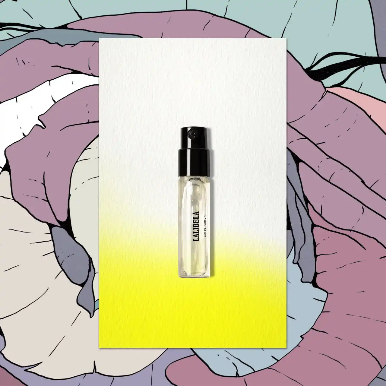 Clear perfume sample with black cap.