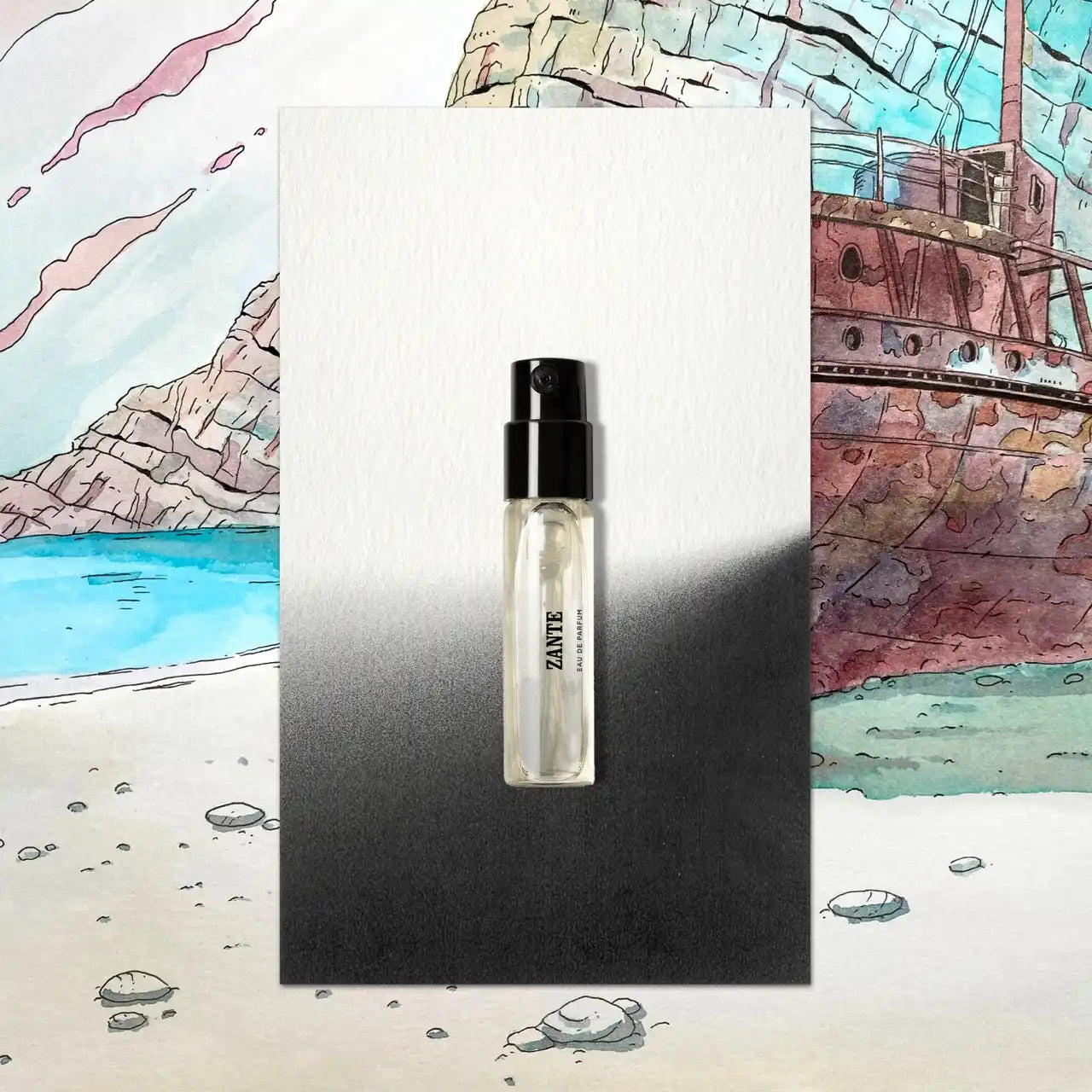 Clear perfume sample with black cap.