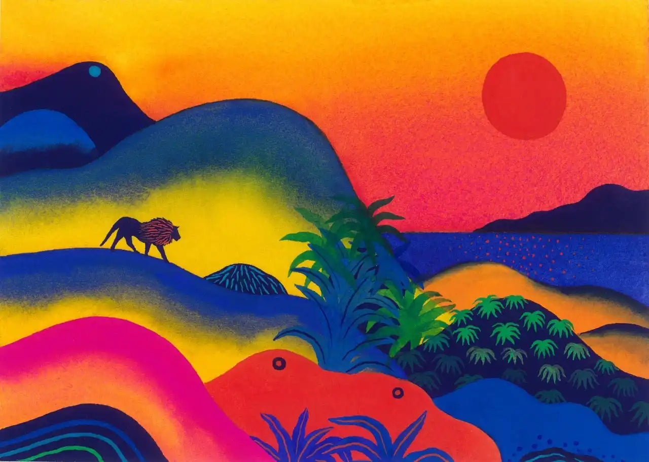 Colorful landscape painting with a lion.