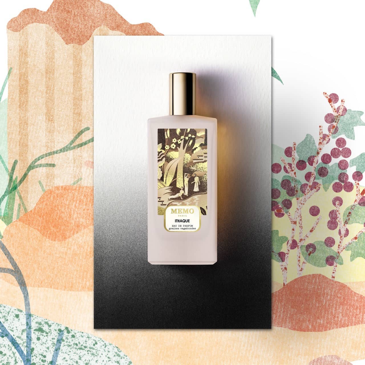 A sleek, translucent white glass perfume bottle with a gold cap and an ornate label featuring botanical illustrations.