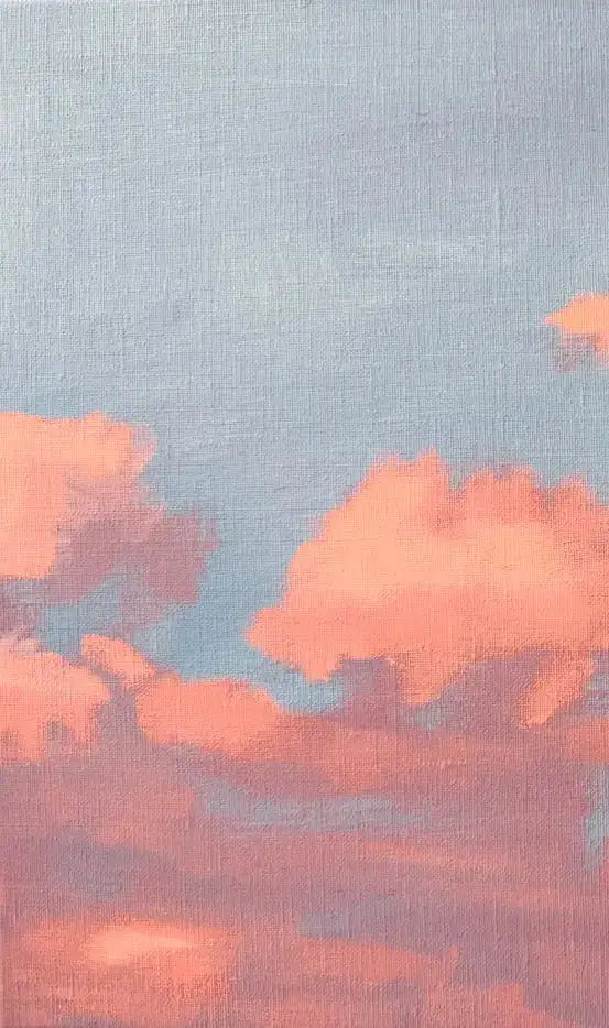 Soft peach and pink clouds drift across a gentle blue sky in this textured canvas painting.