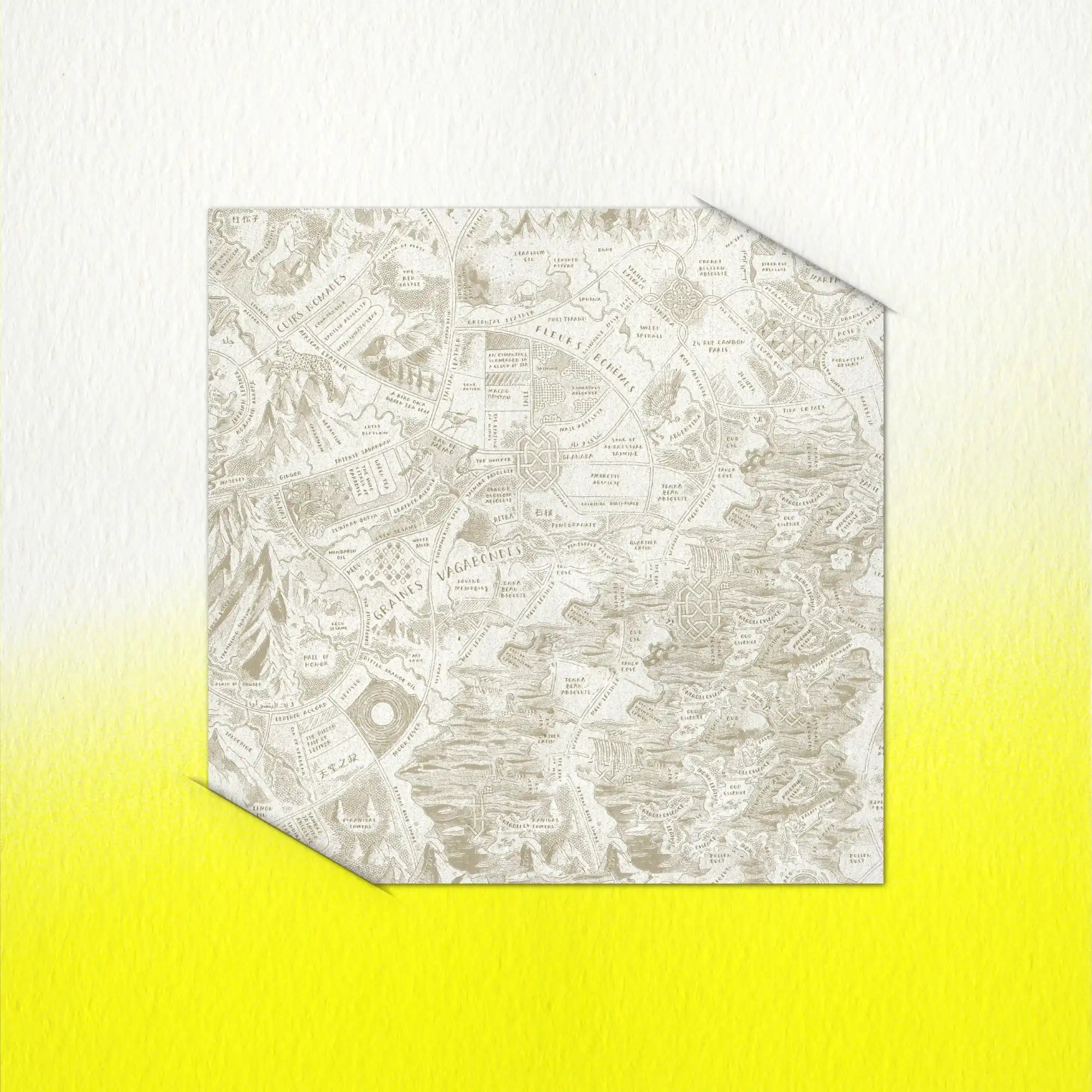 A square, light-colored map with a curled corner.