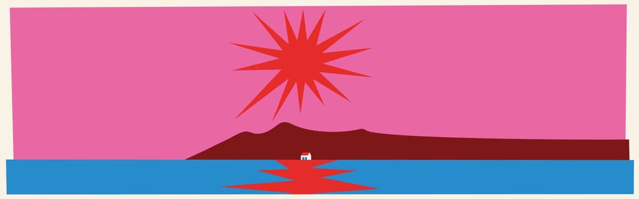 A stylized red sun with sharp rays shines over a dark silhouette of land against a vibrant pink sky, reflected in the blue water below.