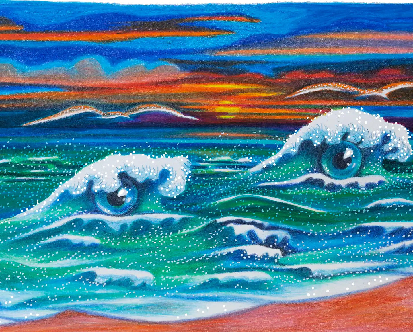 Surreal ocean waves with eyes.