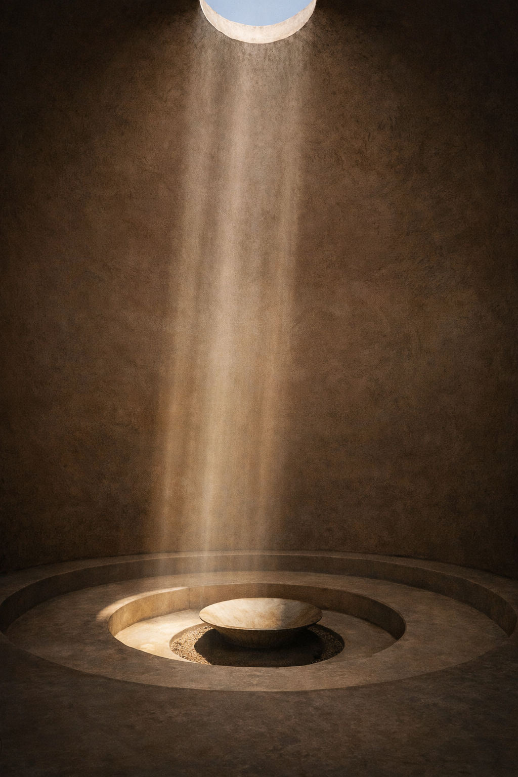 A circular stone basin sits at the center of a dimly lit, concentrically ringed chamber beneath a single shaft of sunlight.
