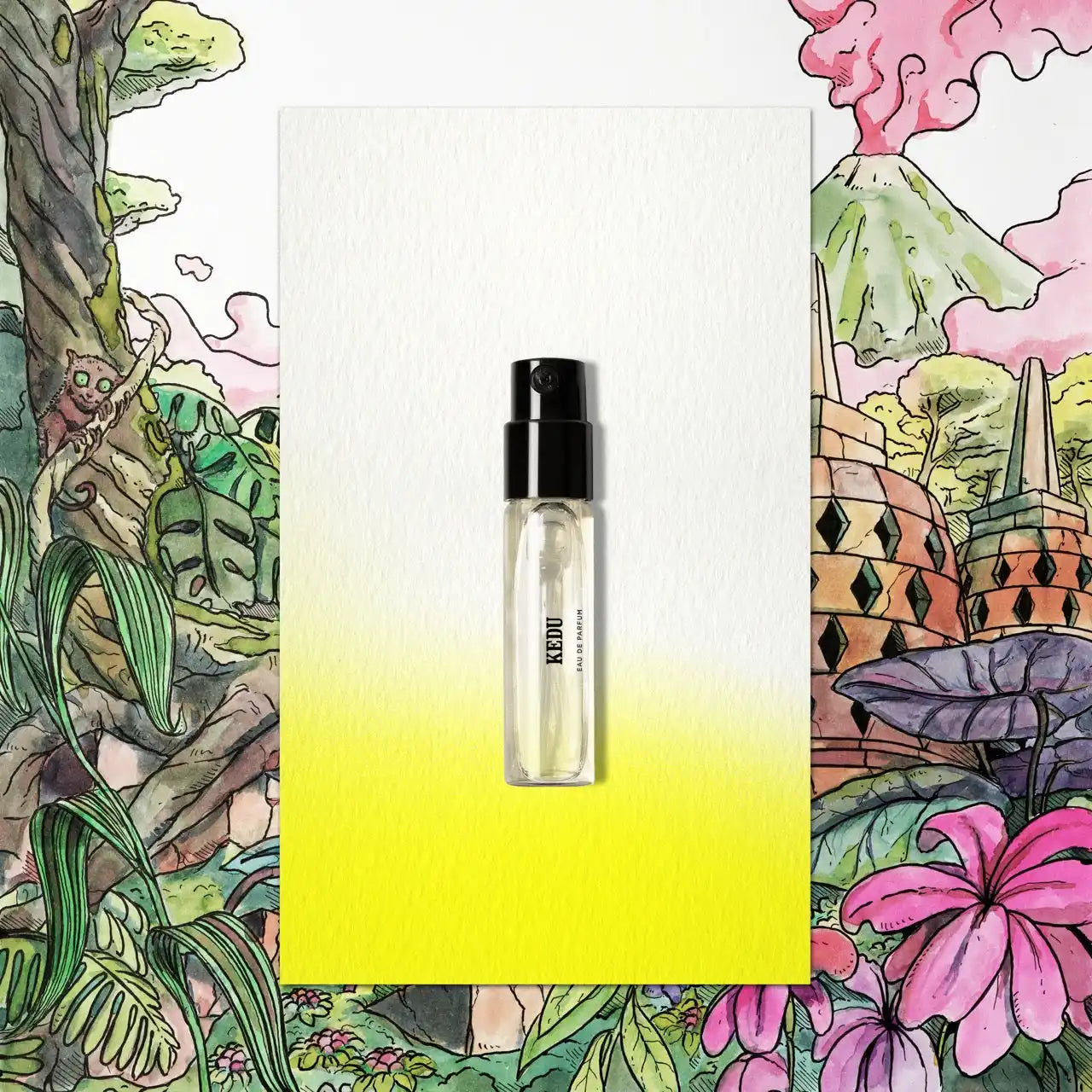 Clear perfume sample with black cap.