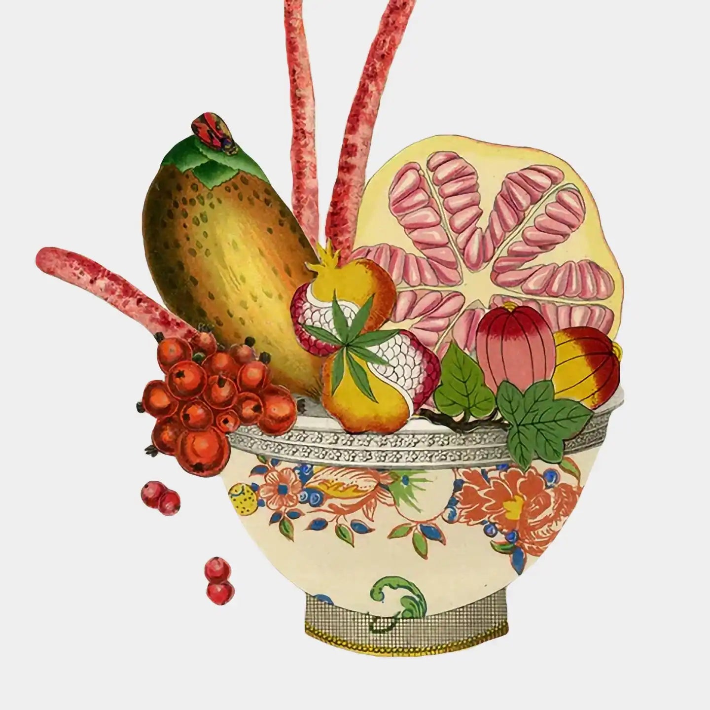 Colorful fruit arrangement in decorative bowl.