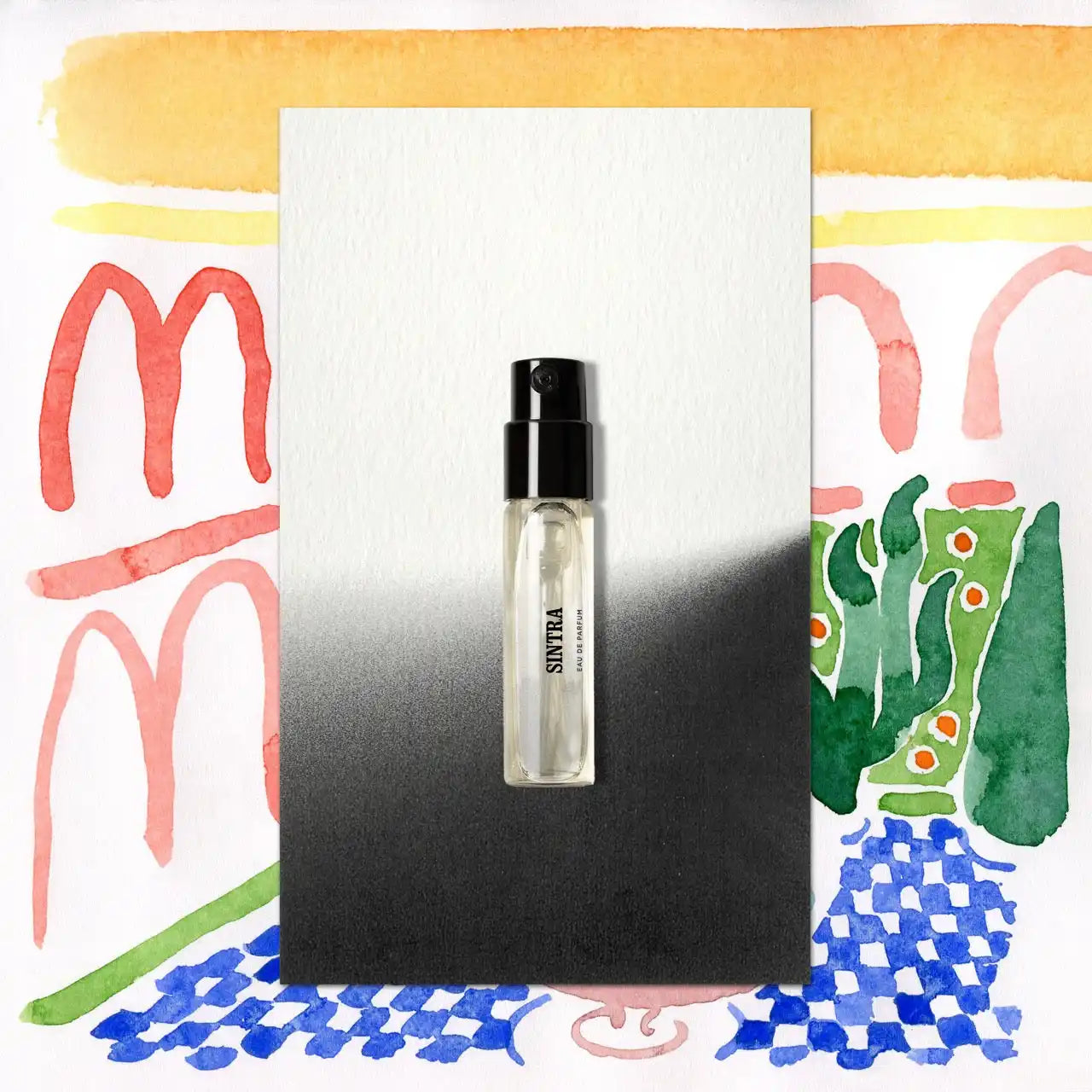 Perfume sample with black spray nozzle.