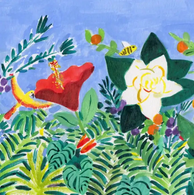 Vibrant tropical floral scene.