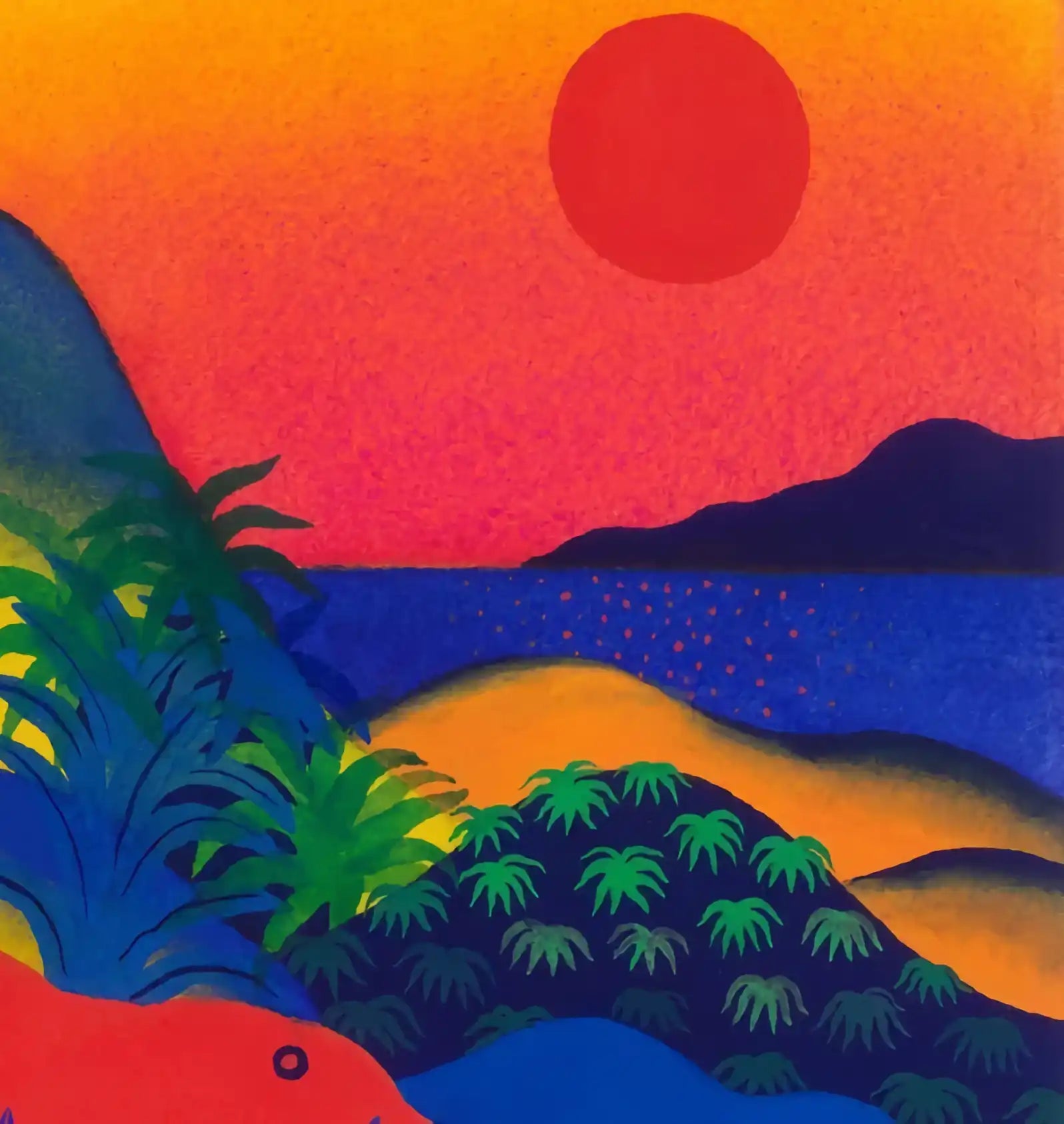 Vibrant tropical landscape painting.