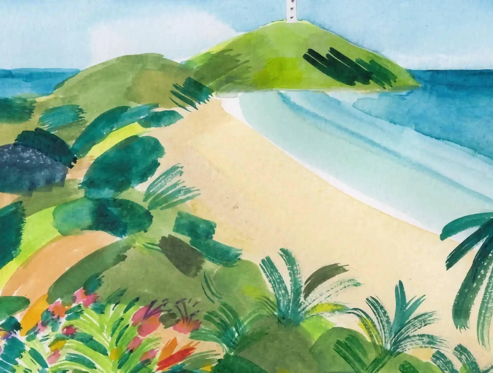 Watercolor beach scene.