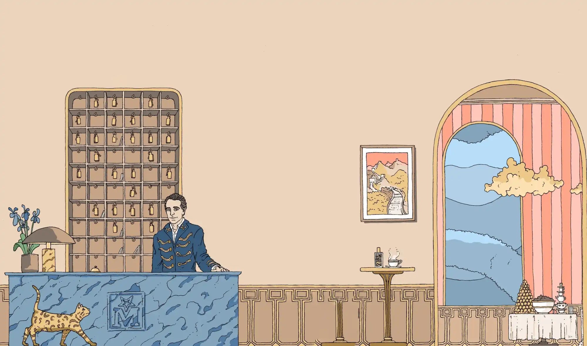 Whimsical hotel lobby scene.